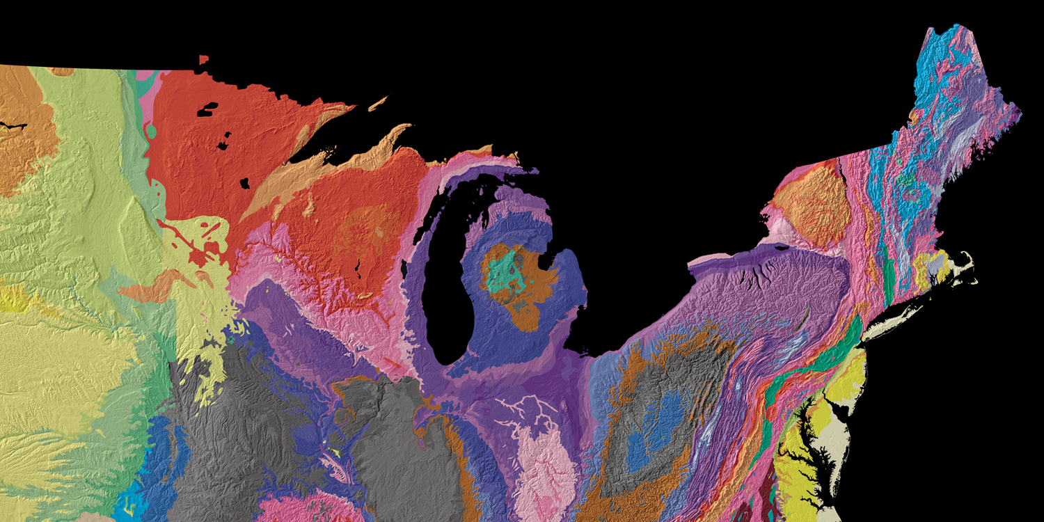 Geological map of the northeast and upper midwest of the United States. Modified from the United States Geological Survey "Tapestry of Time" .
