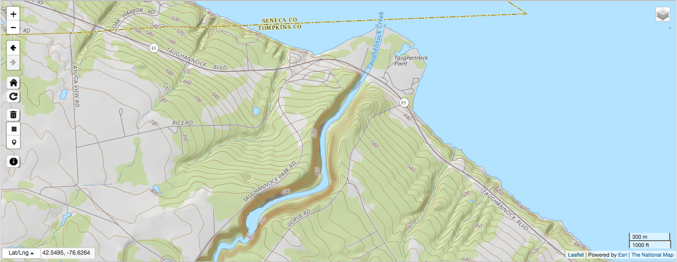 Topographic map of area near Taughannock Falls State Park in central New York