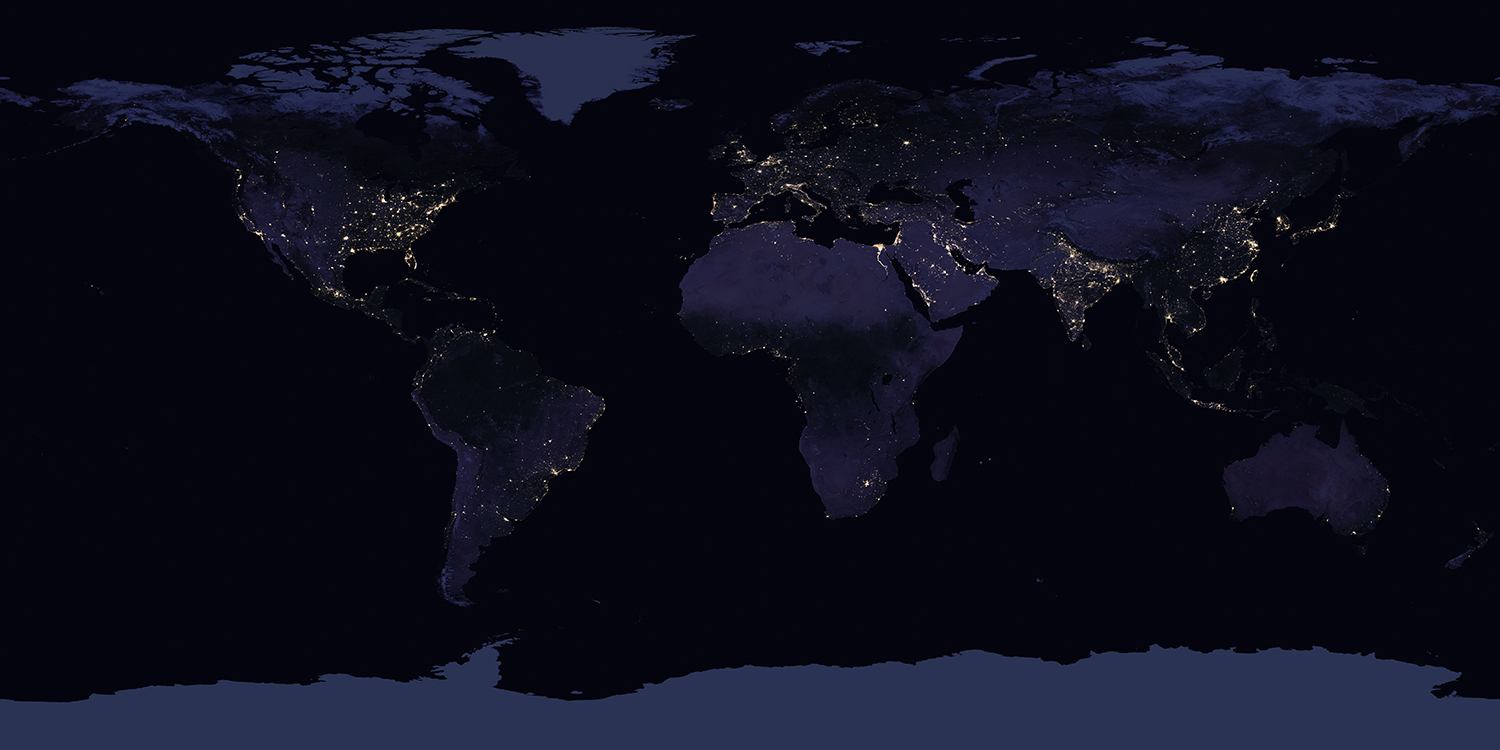 The world at night, lit by human civilization. Humans occupy much of Earth's habitable land area.