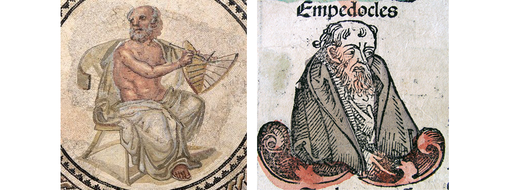 Image includes a tile mosaic of Anaximander and a drawing of Empedocles.
