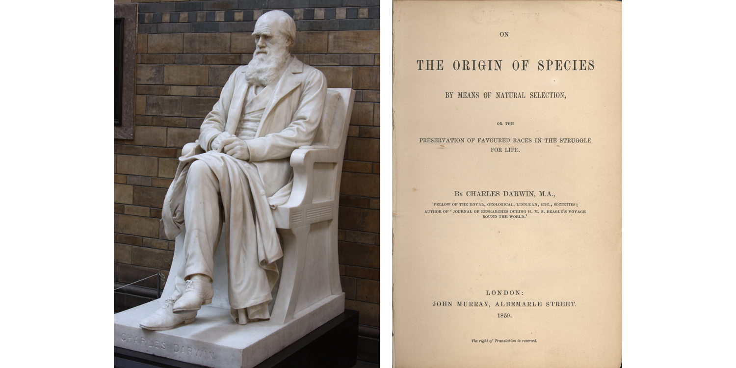 Image shows a marble statue of Charles Darwin and the title page of On the Origin of Species.