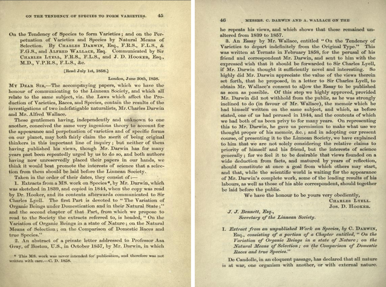 The first two pages of "On the tendency of species to form Varieties; and on the Perpetuation of varieties and species by natural means of selection" by Charles Darwin and Alfred Wallace (July 1, 1858).
