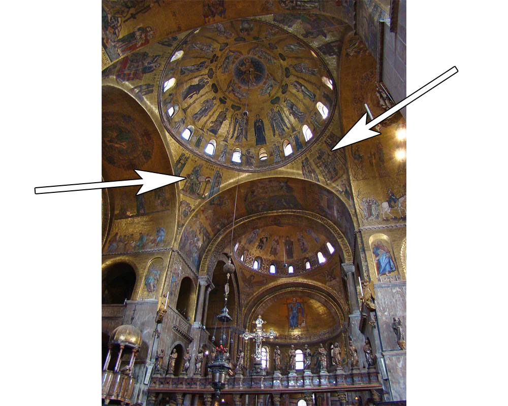 Spandrels identified by arrows at St. Mark's Basilica in Venice, Italy.