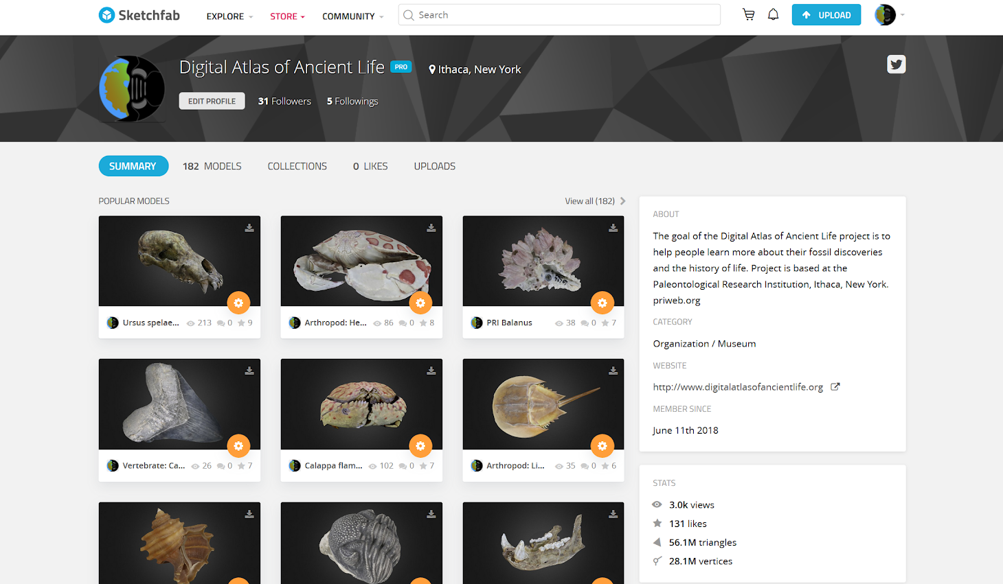 Screenshot of the main Sketchfab account page.