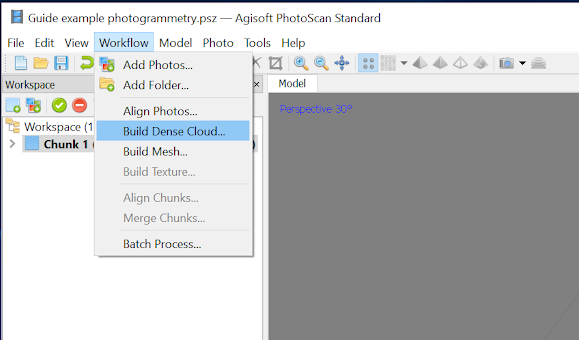 Screenshot of the menu items available under the "Workflow" dropdown, including "Build Dense Cloud..."
