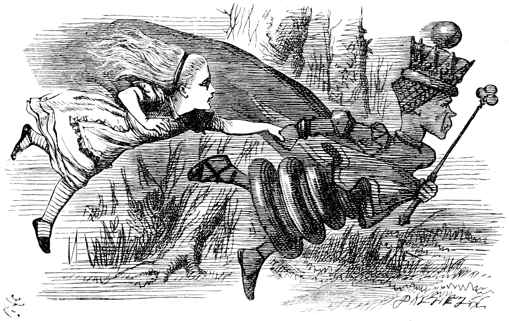 A 19th century illustration of the Red Queen pulling the character Alice by the arm.