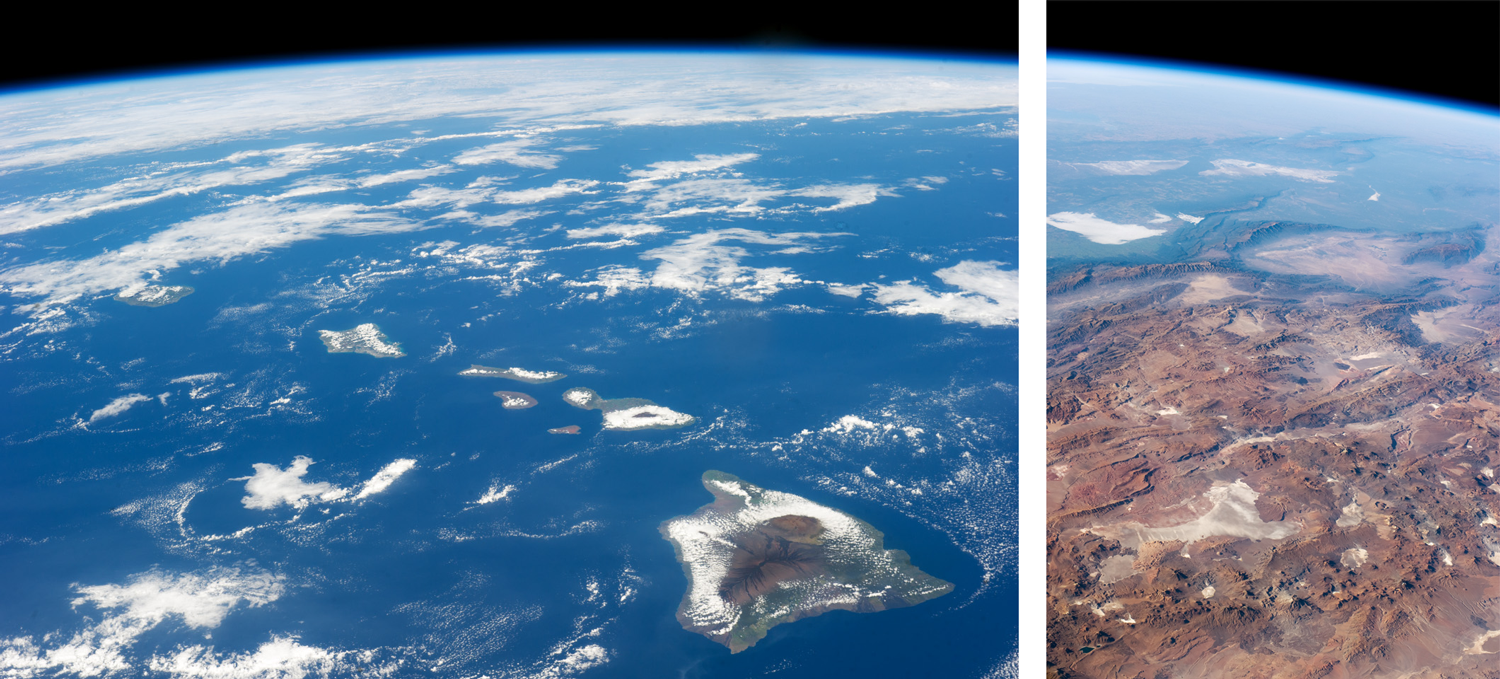 Image shows photographs from space of the Hawaiian Islands and the Andes Mountains.