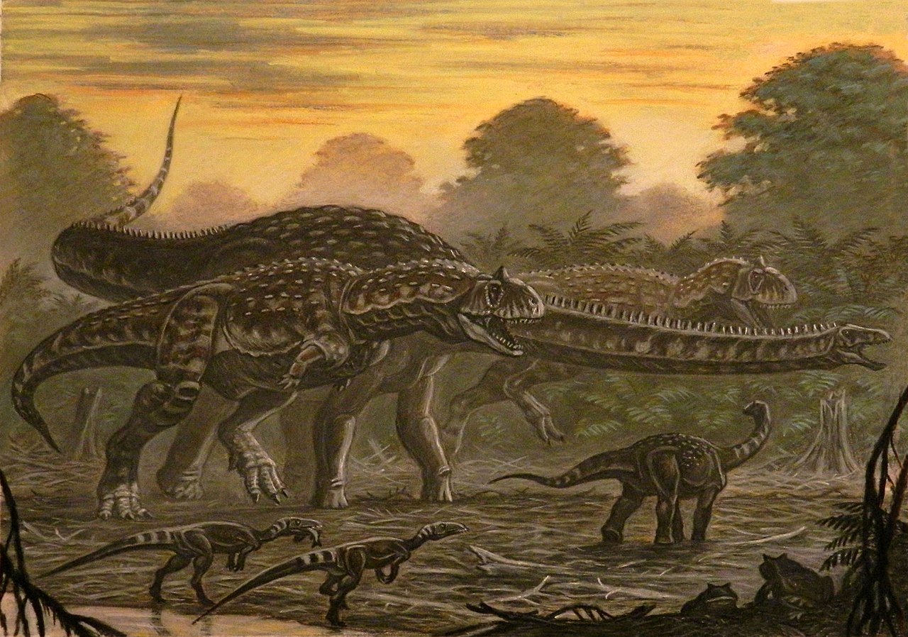 Painting of several dinosaur species in an ancient environment.