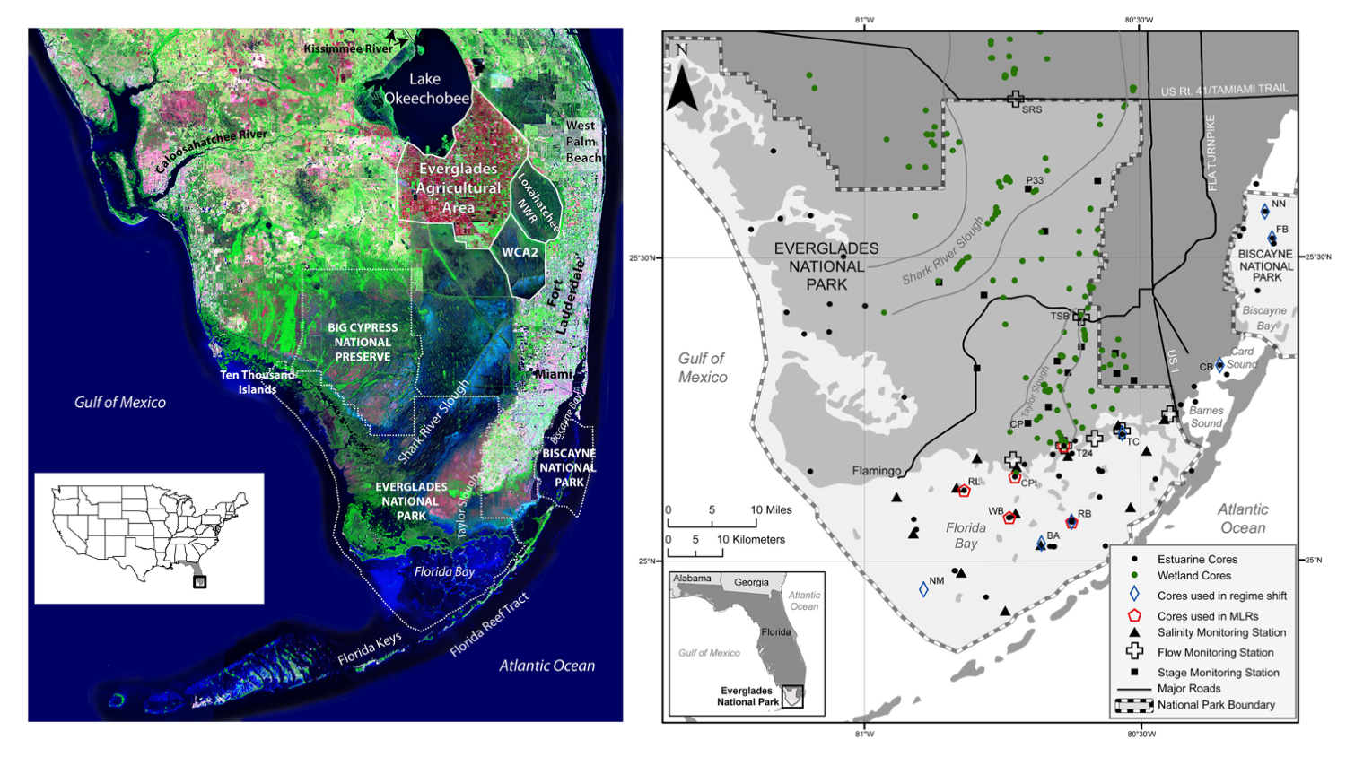 a map of southern Florida showing the Everglades with a close up of Everglades National Park