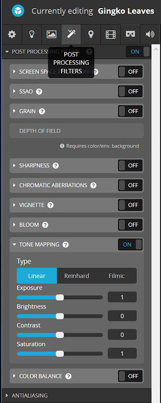 Screenshot of the post processing filter options available in Sketchfab.