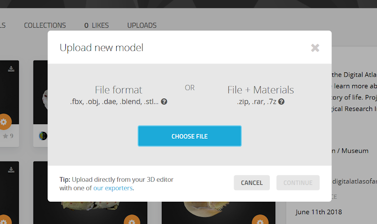 Screenshot of the "Upload new model" options window in Sketchfab.