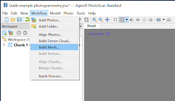 Screenshot of dropdown items available under "Workflow" dropdown menu, including "Build Mesh...."