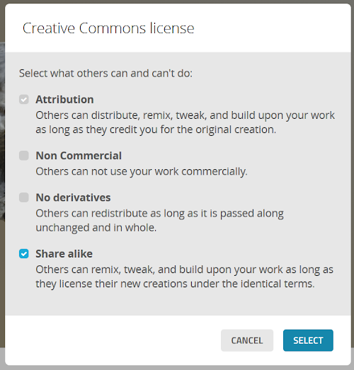 Screenshot of the Creative Commons licensing options available in Sketchfab.