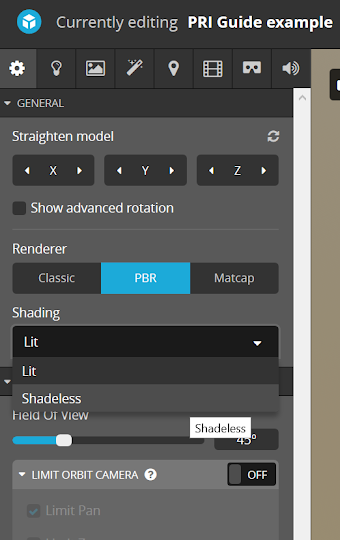 Screenshot of the shading settings available in Sketchfab.