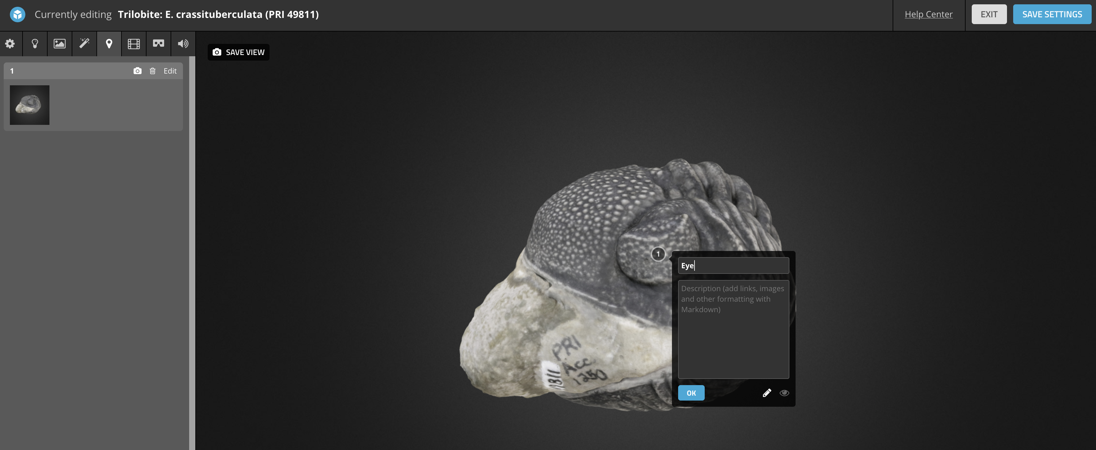 Screenshot of the model annotation functions available in Sketchfab.