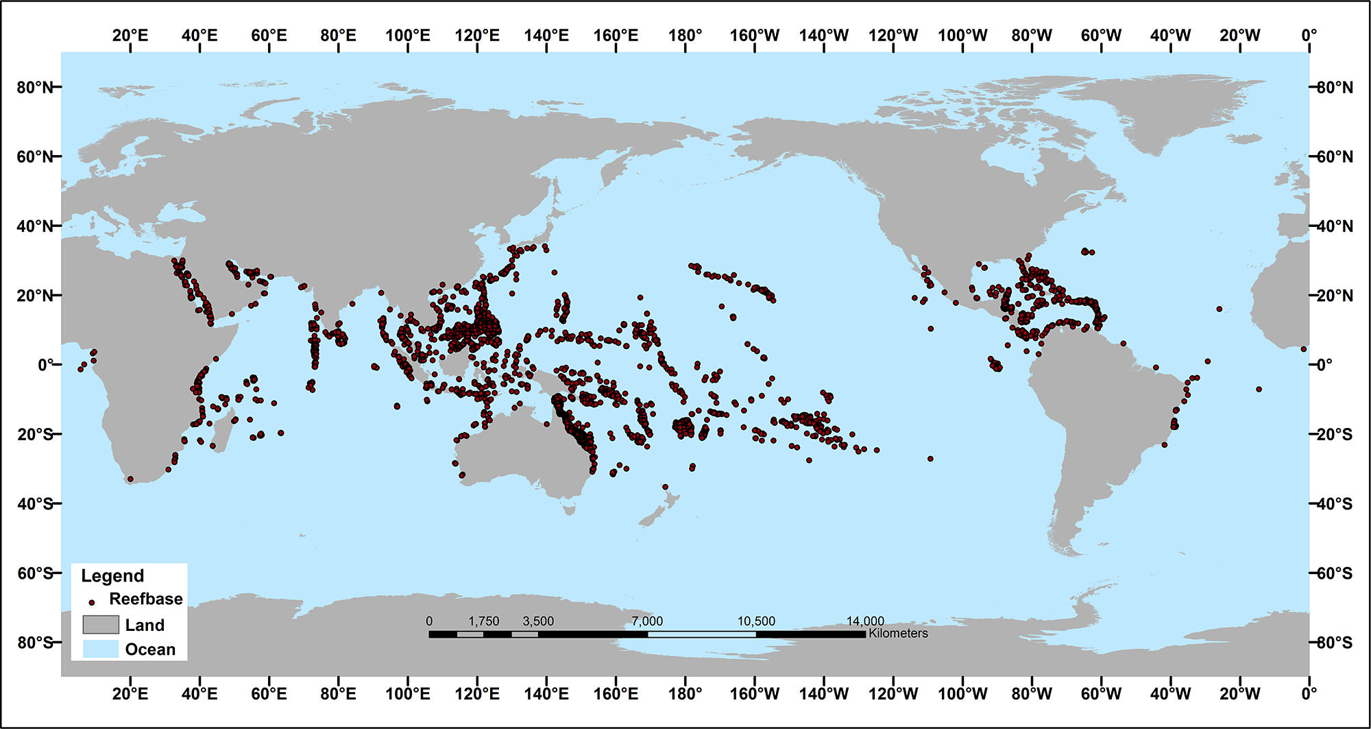 Map showing the modern distribution of scleractinian coral reefs around the world.