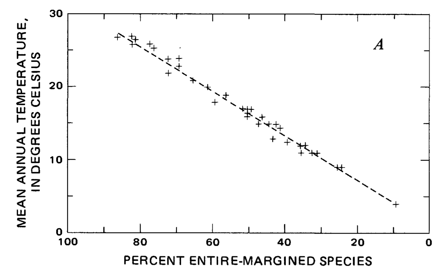 This graph, compiled by J.A. Wolfe, is based on "local floras in the humid to mesic forests of eastern Asia." The plus-signs are data points. The dotted line is a regression line that has been fitted to the data. The graph shows a linear, positive correlation between percent entire-margined species and mean annual temperature.